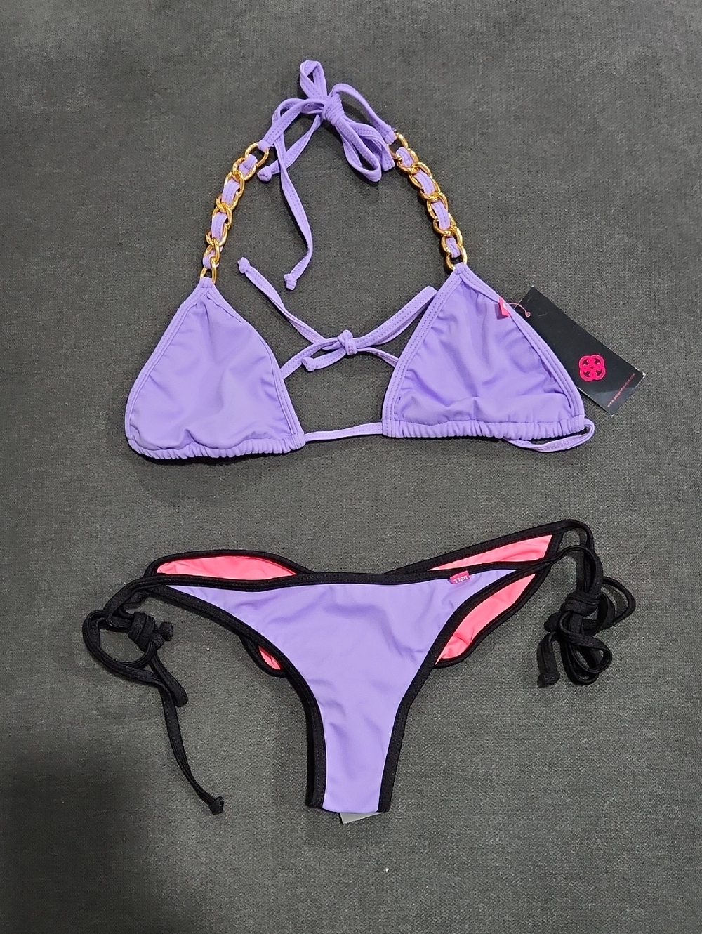 Purple Triangle Bikini Set with Gold Chain Accents